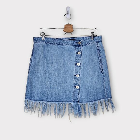 3x1 NYC Asymmetrical Button Raw Hem Fringe Denim Skirt Women’s Large - Picture 1 of 5